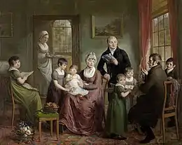 A portrait of the Adrianus Bonebakker family during a visit from - in all probability - partner Diederik L. Bennewitz (seated, with the silver object). Bonebakker himself can be seen holding a document. Painting by Adriaan de Lelie (1809), Rijksmuseum Amsterdam.