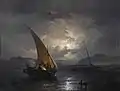 A night landscape with a sailboat where a fire is being lit