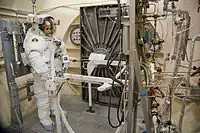Samantha Cristoforetti attired in an Extravehicular Mobility Unit suit