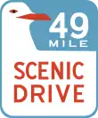 The route signage is a seagull on a blue background with "49-Mile Scenic Drive" labeled