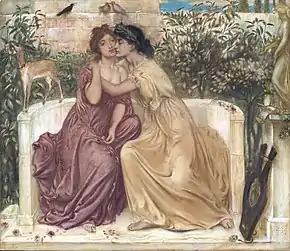 Two seated women embrace.  A lyre is propped up beside them.