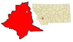 Map of Silver Bow County showing the city of Butte in red and Walkerville in grey