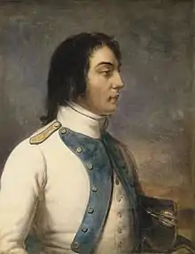 Painting of a man with large eyes and long dark hair looking to the right. He wears a white military uniform with violet lapels.