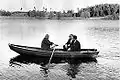 Nikita Khrushchev, Tage Erlander and a translator in the rowing boat in 1964.