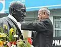 President Pranab Mukherjee garlanding the statue of Mahatma Gandhi (2013)