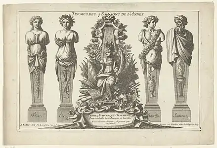 Baroque designs of caryatids (left) and atlantes (right), each symbolizing a season of the year, by Jean Le Pautre, c.1670–1680, etching on paper
