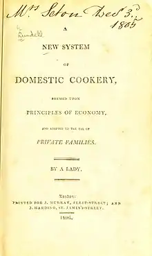 Title page which reads, in full: "A New System of Domestic Cookery, formed upon principles of economy, and adapted to the use of Private Families, by a Lady. London. Printed for J Murray, Fleet-Street; and J Harding, St James's-Street. 1806"