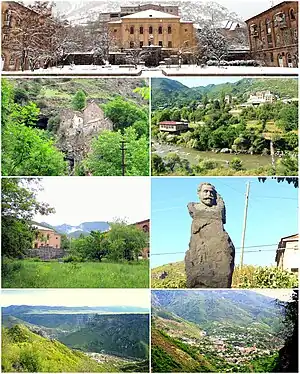 From top left:Tumanyan Central squareKobayr monastery • Debed RiverHouse of culture • Statue of Hovhannes TumanyanDebed River gorge • Tumanyan landscape
