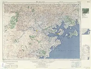 Map including Binlang Islet (unlabelled islet between Lesser Kinmen Island and Xiamen (Amoy) Island) (AMS, 1954)