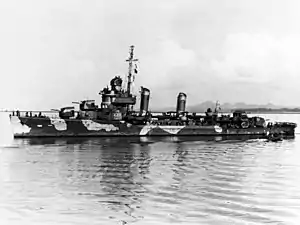 USS Meredith at Suva, Fiji Islands, 23 June 1942, in dazzle camouflage.