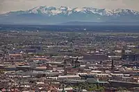 A view from the tower's observation platform towards the Alps.