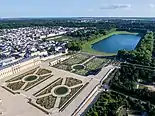 Aerial view of Parterre du Midi, Parterre de l'orangerie, and the Swiss Pond