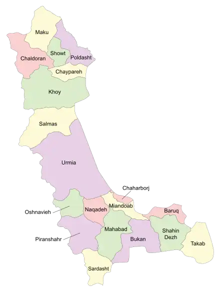 Location of Showt County in West Azerbaijan province (top, green)
