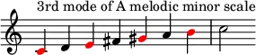{
\override Score.TimeSignature #'stencil = ##f
\relative c' {
\clef treble \time 7/4 \key a \minor
\once \override NoteHead.color = #red c4^\markup { "3rd mode of A melodic minor scale" } d \once \override NoteHead.color = #red e fis \once \override NoteHead.color = #red gis a \once \override NoteHead.color = #red b c2 }
}