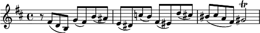 {
\relative c' {
\set Score.tempoHideNote = ##t \tempo 4 = 96
\time 4/4 \key b \minor
r8 fis( d b) g'( fis) b( ais)
e( dis) c'( b) fis( eis) d'( cis!) bis(
cis( a fis) gis2\trill
}
}