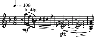 \relative c''' { \set Staff.midiInstrument = #"clarinet" \clef treble \key f \major \tempo 4.=108 \time 6/8 r8 a16\mf(^"lustig" f b,8) c-.\< cis-. f-.\! | <gis, e des bes>2.~(\sfz | <gis e des bes>\> | <a f c a>8\!) }