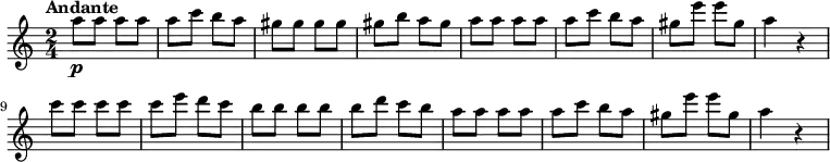\new Staff {
\time 2/4
\clef treble
\set Staff.midiInstrument = #"flute"
\tempo Andante 4 = 85
\set Score.tempoHideNote = ##t
|
a''8\p
a''8
a''8
a''8
|
a''8
c'''8
b''8
a''8
|
gis''8
gis''8
gis''8
gis''8
|
gis''8
b''8
a''8
gis''8
|
a''8
a''8
a''8
a''8
|
a''8
c'''8
b''8
a''8
|
gis''8
e'''8
e'''8
gis''8
|
a''4
b'4\rest
|
c'''8
c'''8
c'''8
c'''8
|
c'''8
e'''8
d'''8
c'''8
|
b''8
b''8
b''8
b''8
|
b''8
d'''8
c'''8
b''8
|
a''8
a''8
a''8
a''8
|
a''8
c'''8
b''8
a''8
|
gis''8
e'''8
e'''8
gis''8
|
a''4
b'4\rest
}
