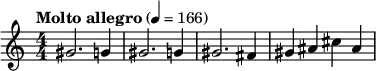 \relative c'' { \set Staff.midiInstrument = #"tuba" \clef treble \numericTimeSignature \time 4/4 \tempo "Molto allegro" 4 = 166 gis2. g4 | gis2. g4 | gis2. fis4 | gis ais cis ais }