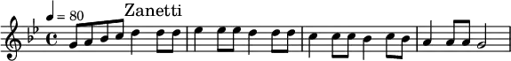 \relative c'' {
\set Staff.midiInstrument = #"violin"
\tempo 4 = 80
\key bes \major
\time 4/4
g8 a bes c d4 \mark "Zanetti" d8 d es4 es8 es d4 d8 d c4 c8 c bes4 c8 bes a4 a8 a g2
}