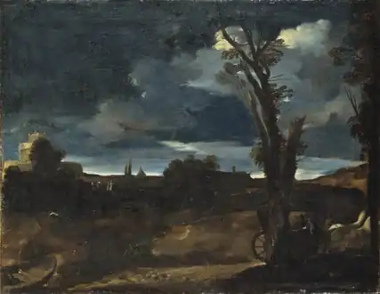 Moonlit Landscape (c. 1616, oil on canvas, 55 × 71 cm, Nationalmuseum, Stockholm, Sweden). An early, naturalistic landscape.