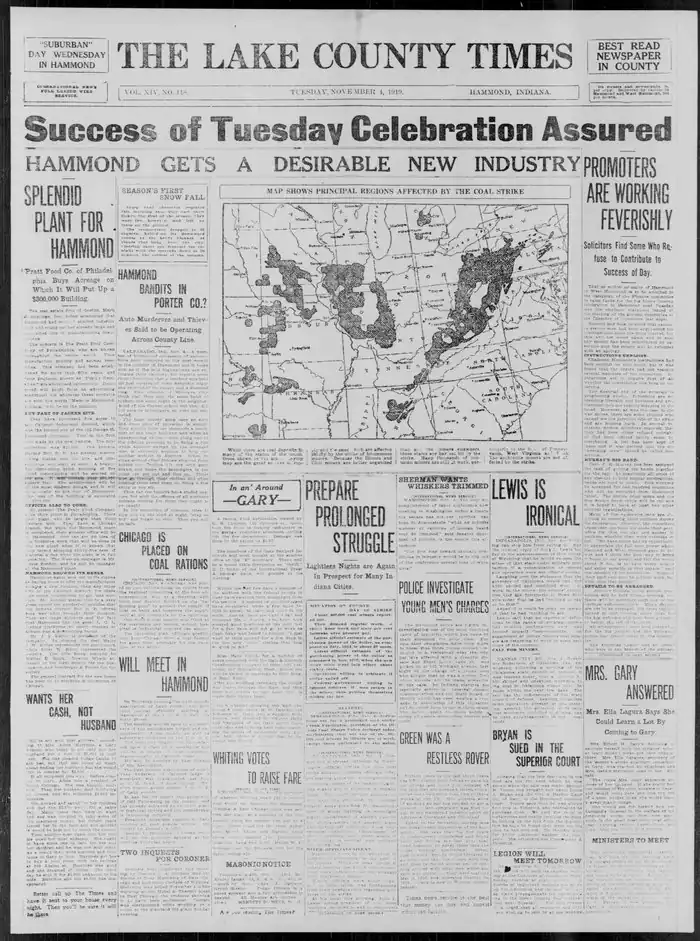 alt=Caption Reads:
While there are coal deposits in many of the states of the union those shown in the accompanying map are the greats sources of supply and the ones which are affected chiefly by the strike of bituminous miners. Because the Illinois and Ohio miners are better organized than are the miners elsewhere, those states are hardest hit by the strike. Many thousands of non-union miners are still at work, particularly in the fields of Pennsylvania, West Virginia and Utah. The anthracite miners are not affected by the strike
-The Lake County Times, November 4, 1919
